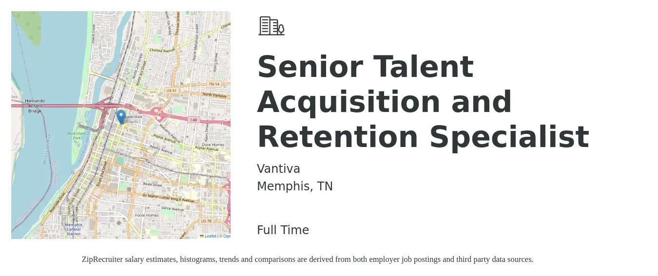 Vantiva job posting for a Senior Talent Acquisition and Retention Specialist in Memphis, TN with a salary of $63,500 to $93,500 Yearly with a map of Memphis location.