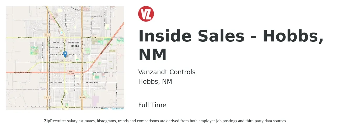 Vanzandt Controls job posting for a Inside Sales - Hobbs, NM in Hobbs, NM with a salary of $34,300 to $51,200 Yearly with a map of Hobbs location.