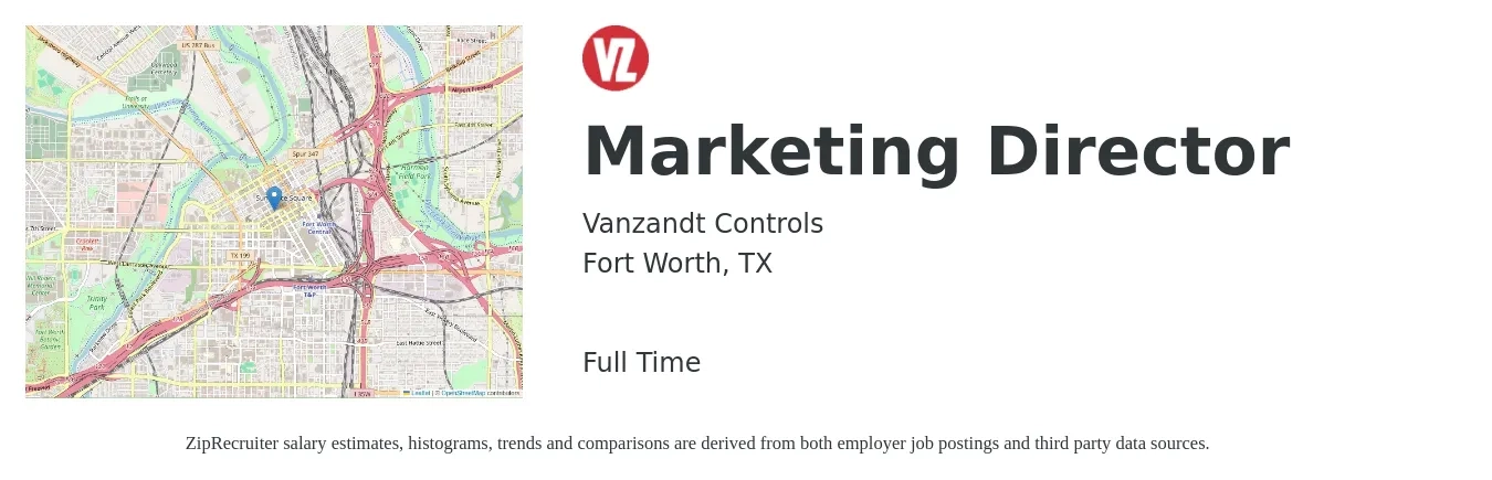 Vanzandt Controls job posting for a Marketing Director in Fort Worth, TX with a salary of $64,300 to $118,200 Yearly with a map of Fort Worth location.