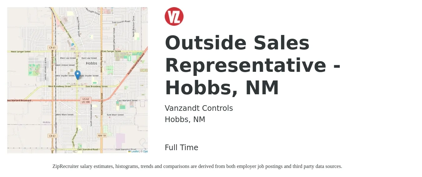 Vanzandt Controls job posting for a Outside Sales Representative - Hobbs, NM in Hobbs, NM with a salary of $45,500 to $78,100 Yearly with a map of Hobbs location.