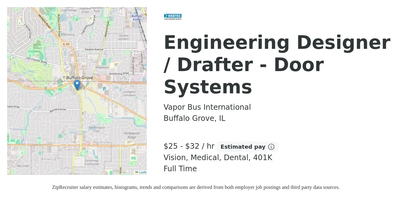 Vapor Bus International job posting for a Engineering Designer / Drafter - Door Systems in Buffalo Grove, IL with a salary of $26 to $34 Hourly and benefits including vision, 401k, dental, life_insurance, and medical with a map of Buffalo Grove location.