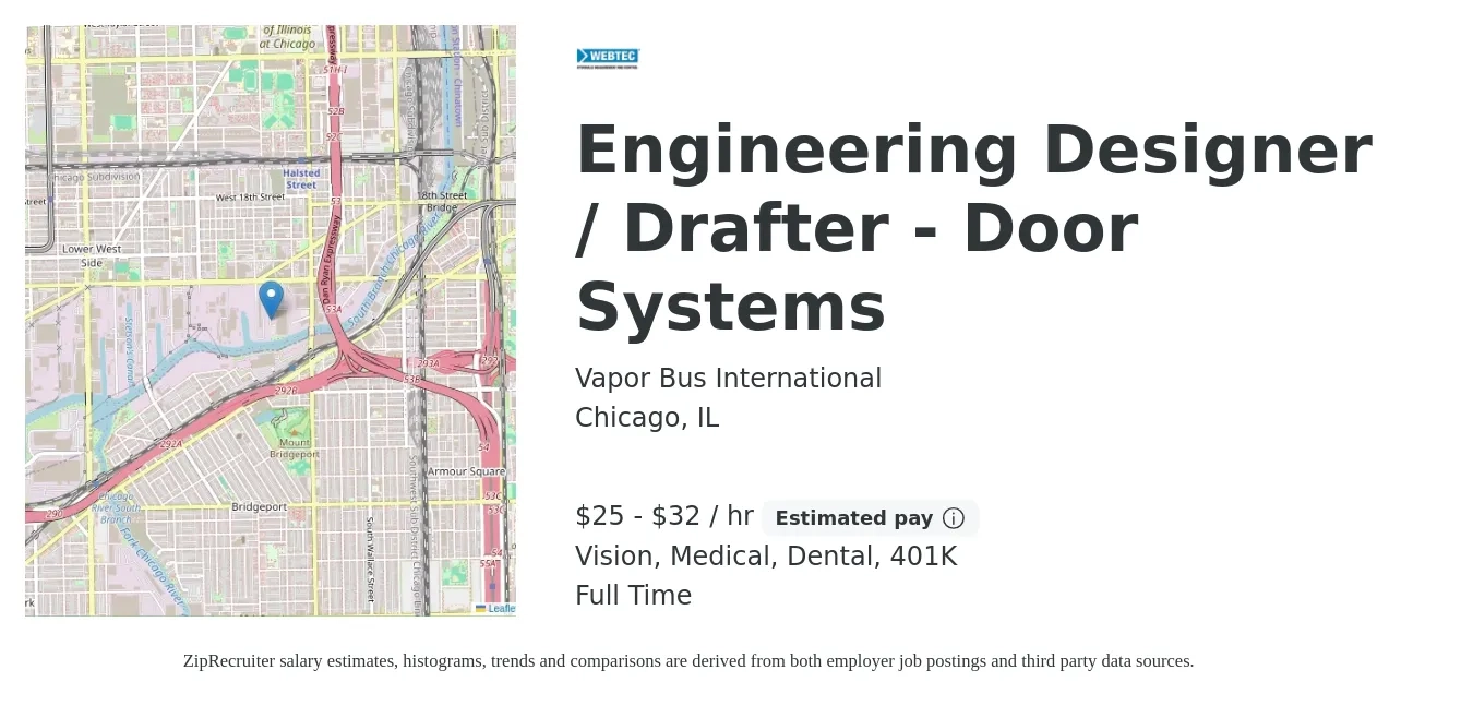 Vapor Bus International job posting for a Engineering Designer / Drafter - Door Systems in Chicago, IL with a salary of $26 to $34 Hourly and benefits including life_insurance, medical, vision, 401k, and dental with a map of Chicago location.