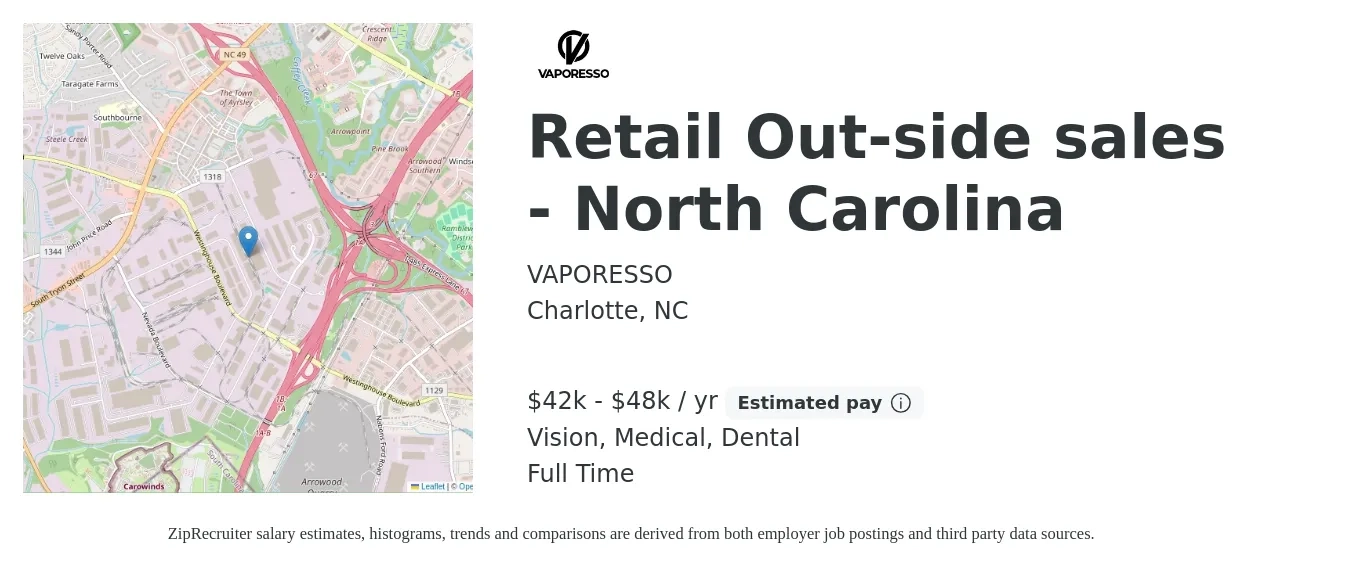 VAPORESSO job posting for a Retail Out-side sales - North Carolina in Charlotte, NC with a salary of $42,000 to $48,000 Yearly (plus commission) and benefits including dental, life_insurance, medical, pto, and vision with a map of Charlotte location.