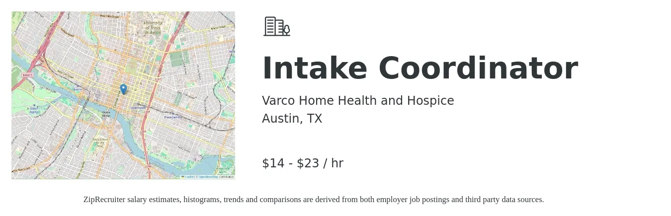 Varco Home Health and Hospice job posting for a Intake Coordinator in Austin, TX with a salary of $15 to $24 Hourly with a map of Austin location.