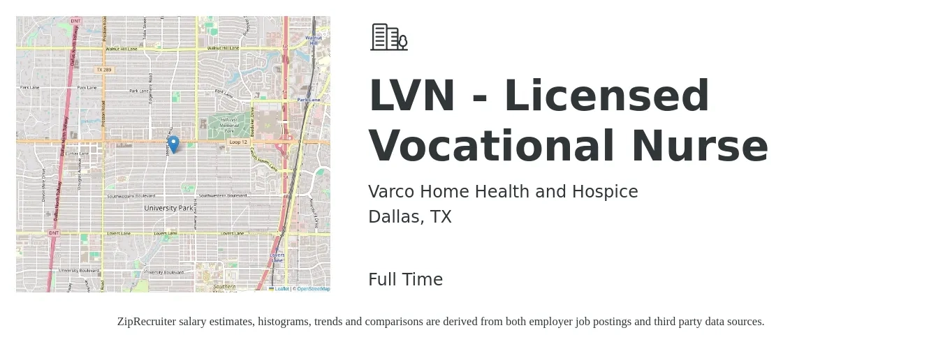 Varco Home Health and Hospice job posting for a LVN - Licensed Vocational Nurse in Dallas, TX with a salary of $27 to $36 Hourly with a map of Dallas location.