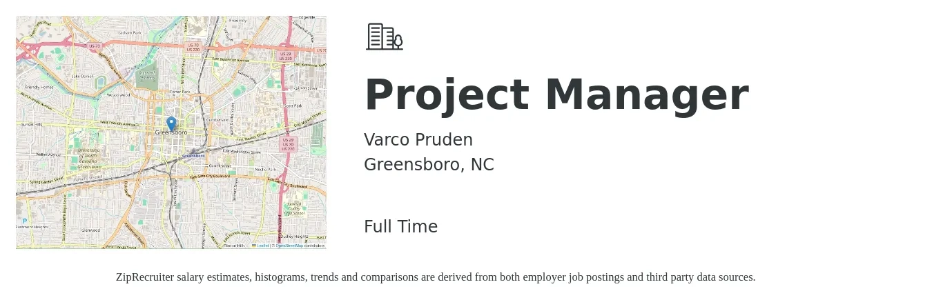 Varco Pruden job posting for a Project Manager in Greensboro, NC with a salary of $76,100 to $119,200 Yearly with a map of Greensboro location.