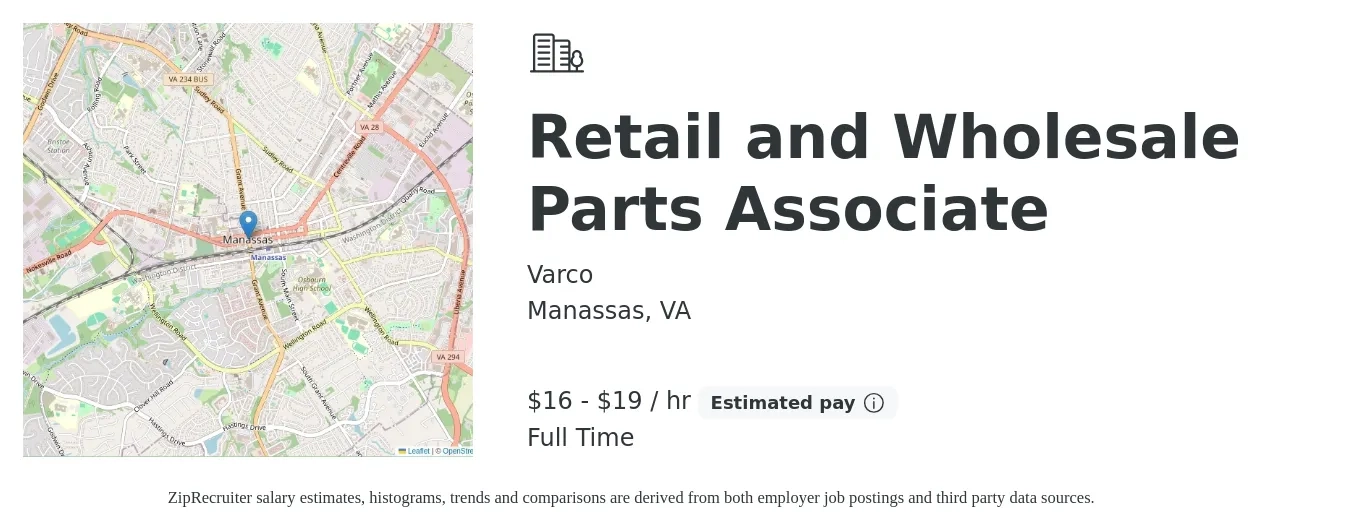 Varco job posting for a Retail and Wholesale Parts Associate in Manassas, VA with a salary of $17 to $20 Hourly with a map of Manassas location.
