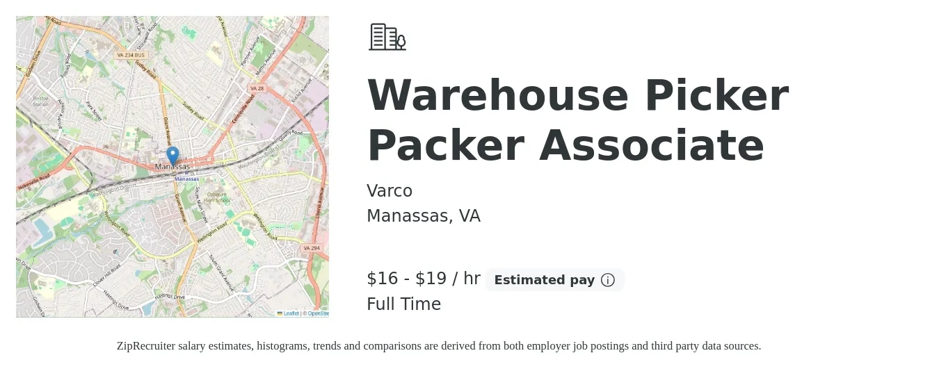 Varco job posting for a Warehouse Picker Packer Associate in Manassas, VA with a salary of $17 to $20 Hourly with a map of Manassas location.