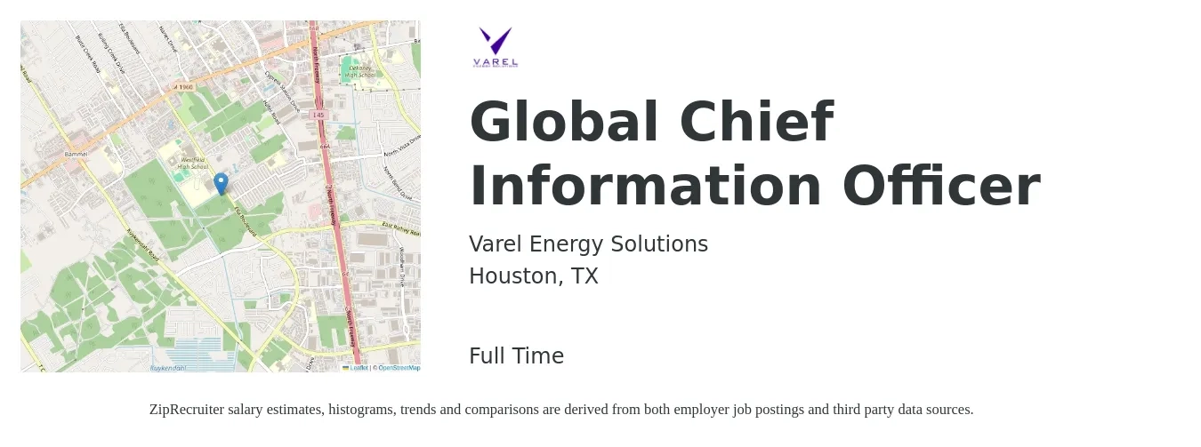 Varel Energy Solutions job posting for a Global Chief Information Officer in Houston, TX with a salary of $126,100 to $186,200 Yearly with a map of Houston location.