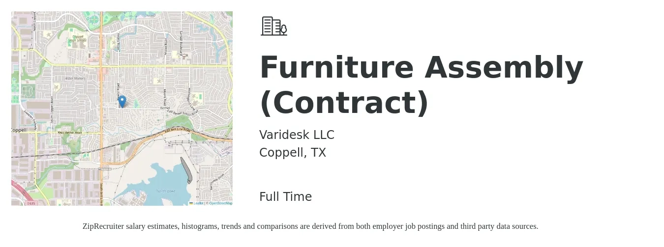Varidesk LLC job posting for a Furniture Assembly (Contract) in Coppell, TX with a salary of $15 to $17 Hourly with a map of Coppell location.