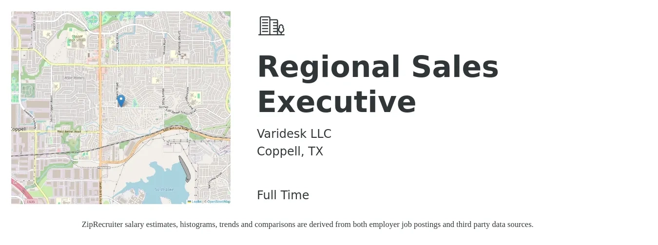 Varidesk LLC job posting for a Regional Sales Executive in Coppell, TX with a salary of $60,400 to $113,000 Yearly with a map of Coppell location.