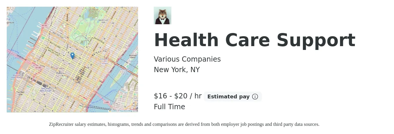 Various Companies job posting for a Health Care Support in New York, NY with a salary of $17 to $21 Hourly with a map of New York location.