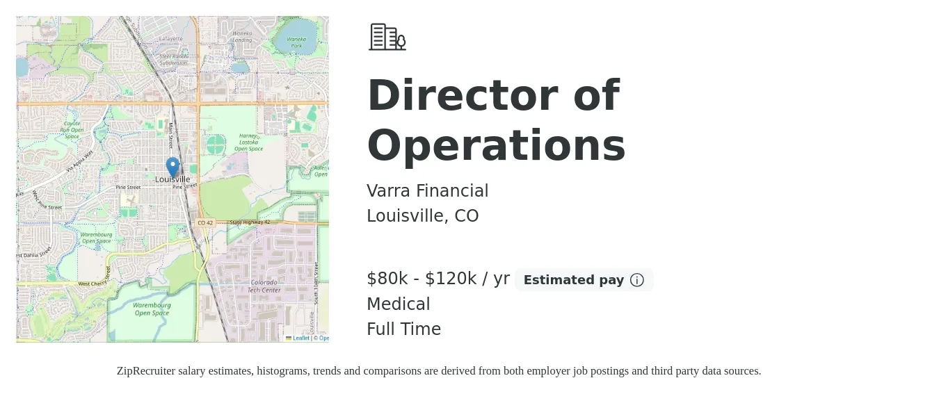 Varra Financial job posting for a Director of Operations in Louisville, CO with a salary of $80,000 to $120,000 Yearly (plus commission) and benefits including medical, pto, and retirement with a map of Louisville location.