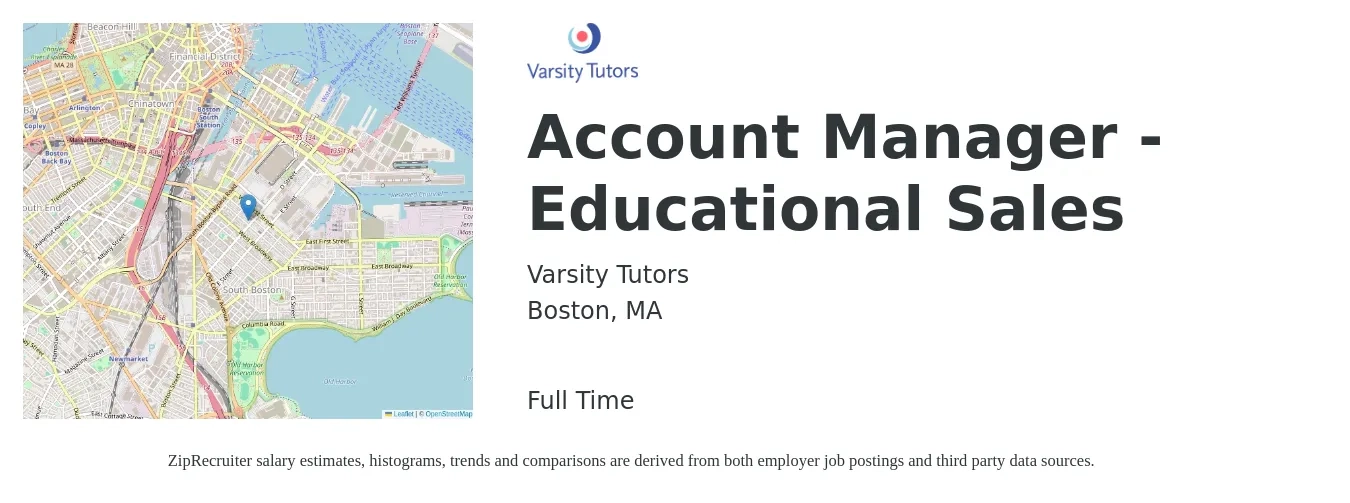Varsity Tutors job posting for a Account Manager - Educational Sales in Boston, MA with a salary of $54,900 to $86,900 Yearly with a map of Boston location.