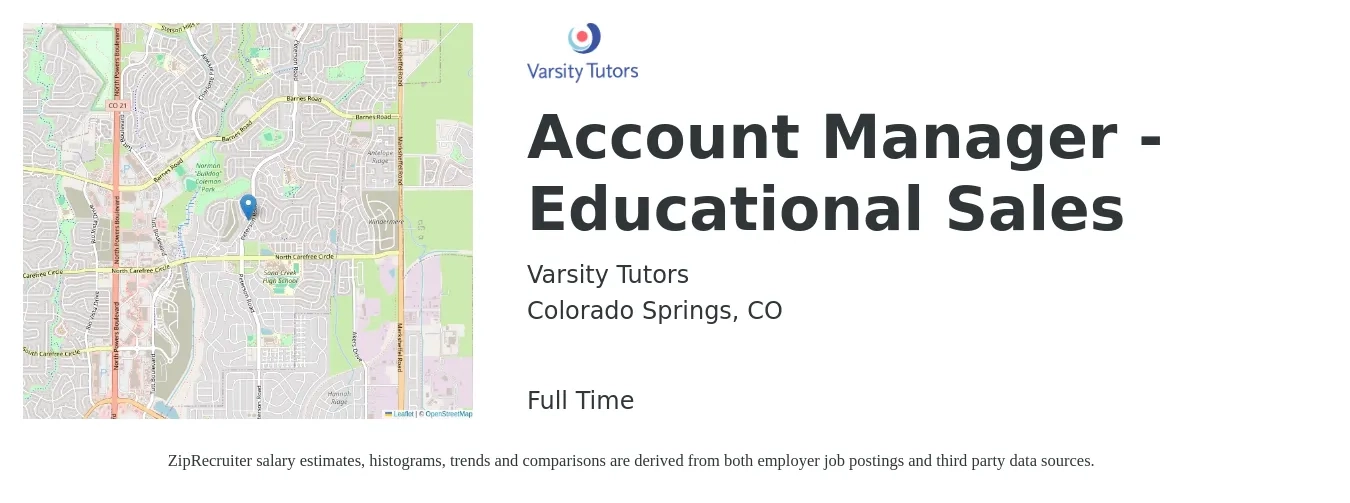 Varsity Tutors job posting for a Account Manager - Educational Sales in Colorado Springs, CO with a salary of $49,800 to $78,800 Yearly with a map of Colorado Springs location.