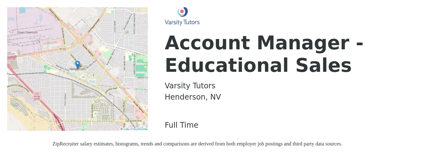 Varsity Tutors job posting for a Account Manager - Educational Sales in Henderson, NV with a salary of $47,100 to $74,600 Yearly with a map of Henderson location.