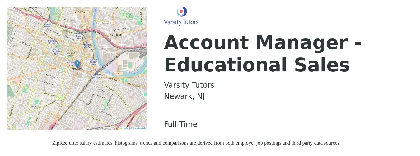 Varsity Tutors job posting for a Account Manager - Educational Sales in Newark, NJ with a salary of $52,800 to $83,700 Yearly with a map of Newark location.
