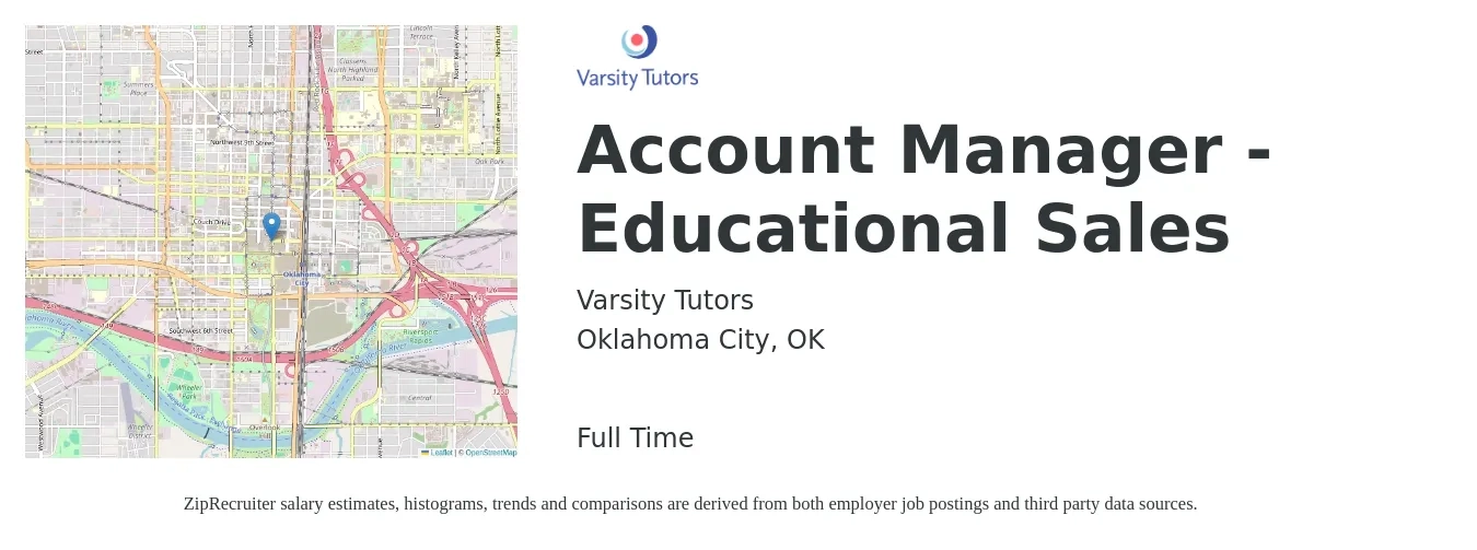 Varsity Tutors job posting for a Account Manager - Educational Sales in Oklahoma City, OK with a salary of $46,900 to $74,300 Yearly with a map of Oklahoma City location.