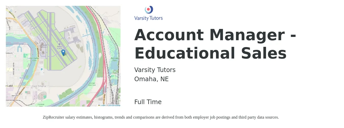 Varsity Tutors job posting for a Account Manager - Educational Sales in Omaha, NE with a salary of $48,300 to $76,500 Yearly with a map of Omaha location.