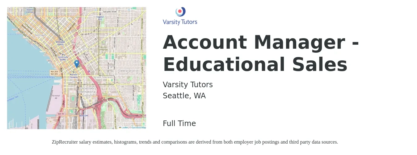 Varsity Tutors job posting for a Account Manager - Educational Sales in Seattle, WA with a salary of $57,500 to $91,000 Yearly with a map of Seattle location.