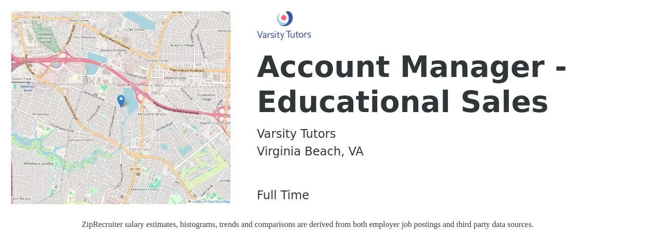 Varsity Tutors job posting for a Account Manager - Educational Sales in Virginia Beach, VA with a salary of $47,900 to $75,900 Yearly with a map of Virginia Beach location.
