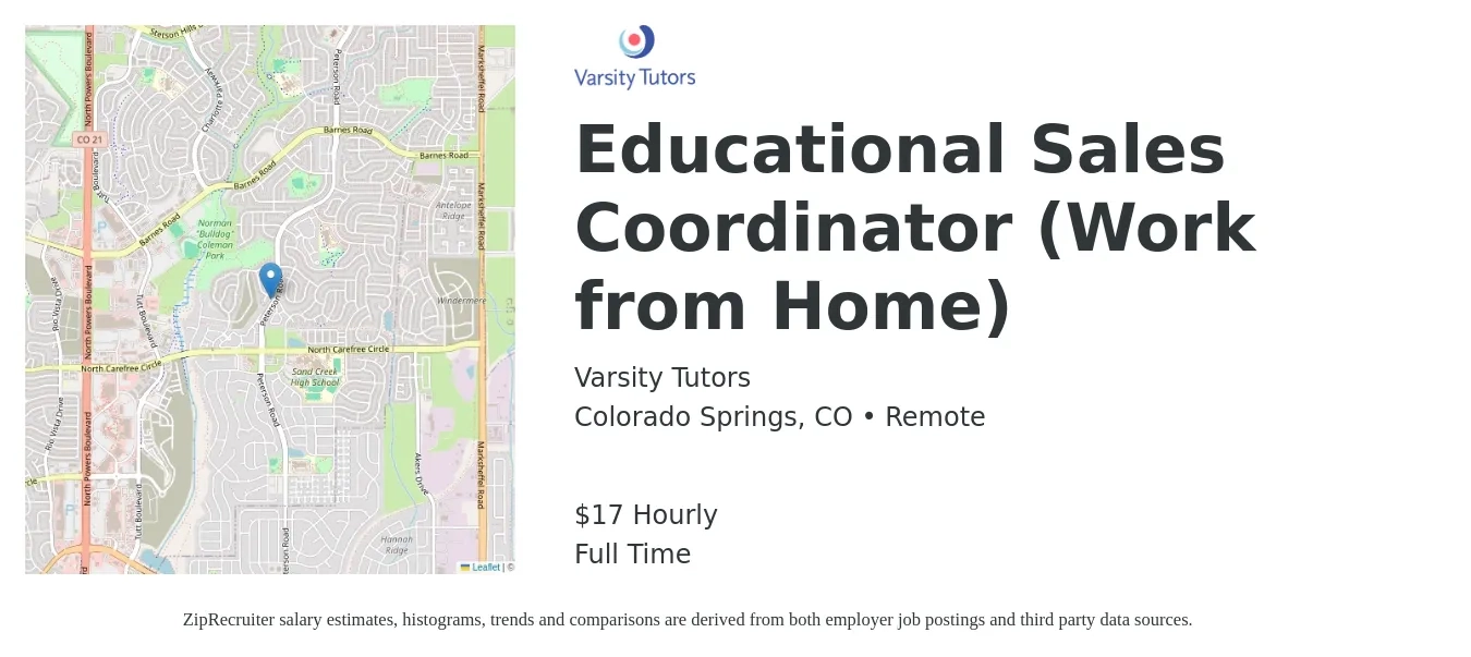 Varsity Tutors job posting for a Educational Sales Coordinator (Work from Home) in Colorado Springs, CO with a salary of $18 Hourly with a map of Colorado Springs location.