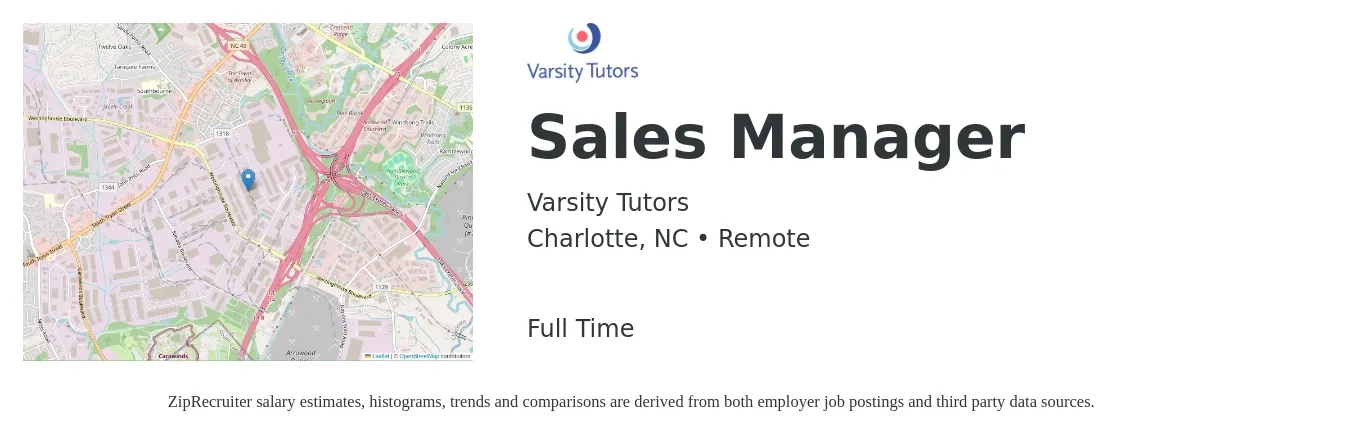 Varsity Tutors job posting for a Sales Manager in Charlotte, NC with a salary of $44,000 to $94,300 Yearly with a map of Charlotte location.