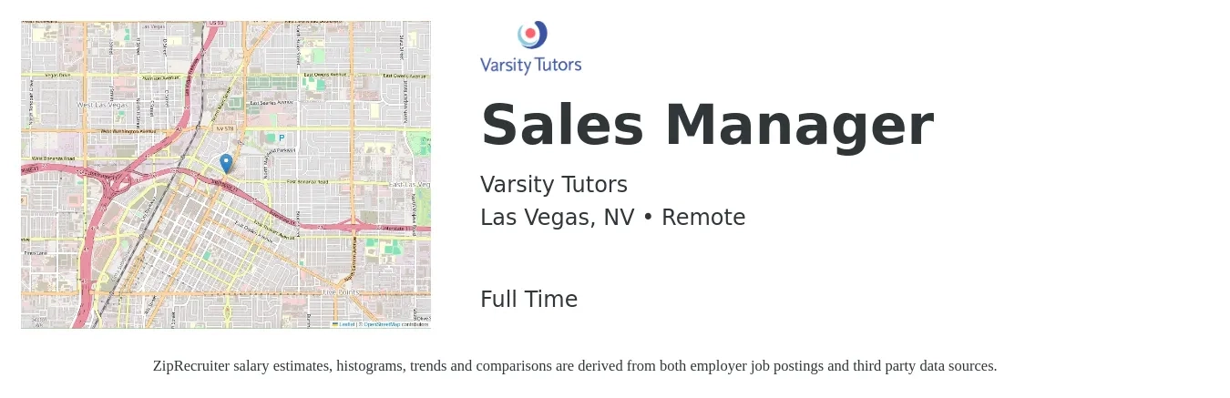 Varsity Tutors job posting for a Sales Manager in Las Vegas, NV with a salary of $43,000 to $92,200 Yearly with a map of Las Vegas location.