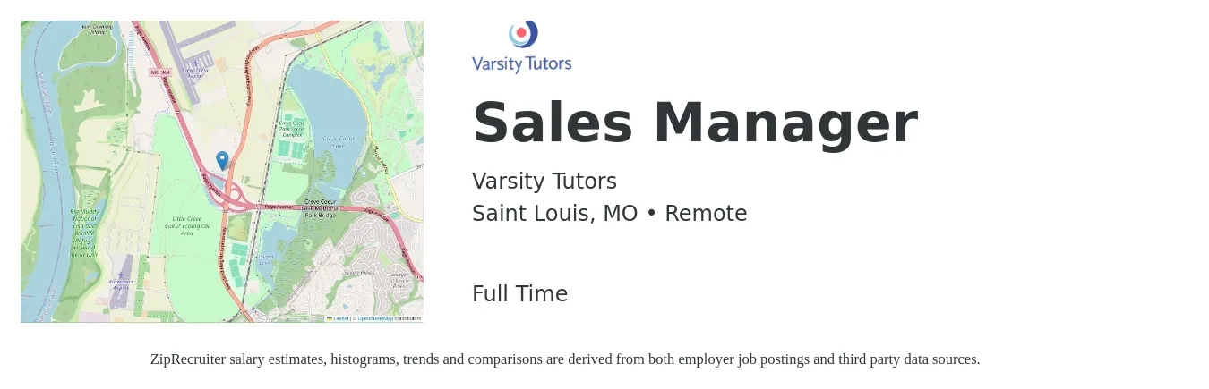 Varsity Tutors job posting for a Sales Manager in Saint Louis, MO with a salary of $43,800 to $93,800 Yearly with a map of Saint Louis location.
