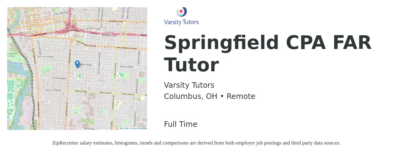Varsity Tutors job posting for a Springfield CPA FAR Tutor in Columbus, OH with a salary of $14 to $24 Hourly with a map of Columbus location.