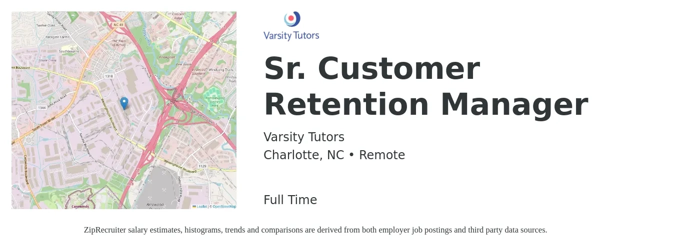 Varsity Tutors job posting for a Sr. Customer Retention Manager in Charlotte, NC with a salary of $40,000 to $68,400 Yearly with a map of Charlotte location.