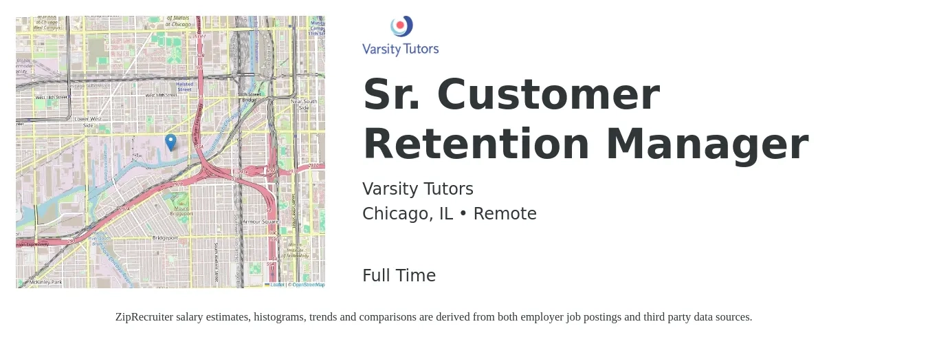 Varsity Tutors job posting for a Sr. Customer Retention Manager in Chicago, IL with a salary of $42,200 to $72,100 Yearly with a map of Chicago location.