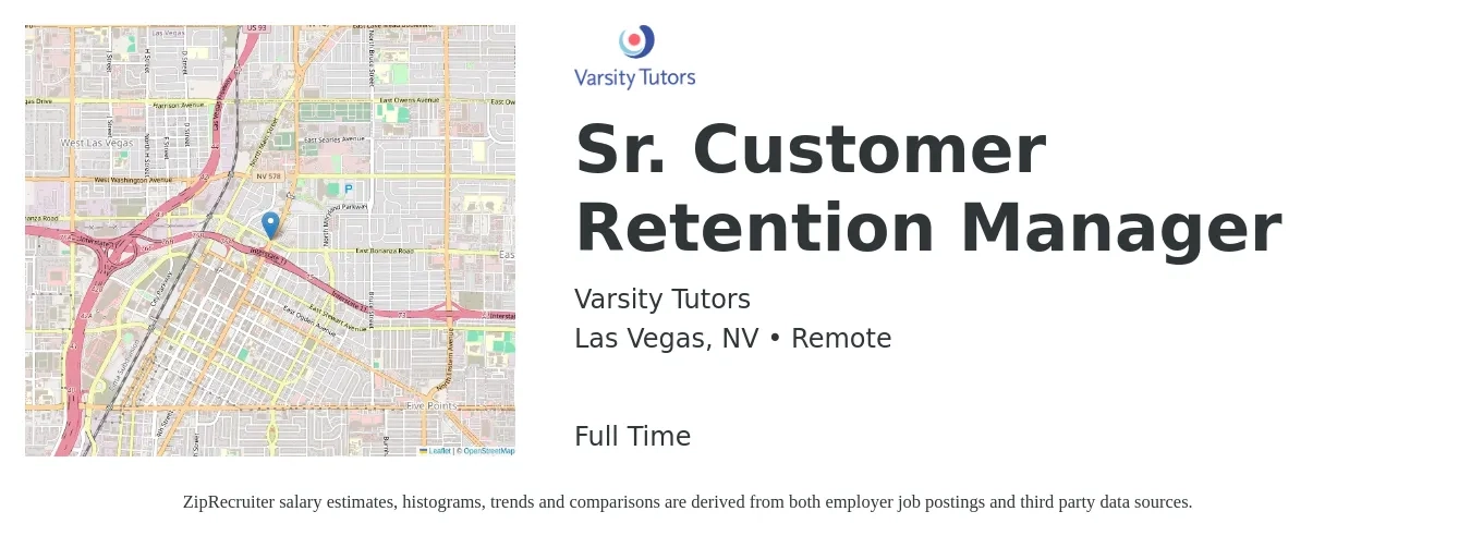 Varsity Tutors job posting for a Sr. Customer Retention Manager in Las Vegas, NV with a salary of $39,200 to $66,900 Yearly with a map of Las Vegas location.