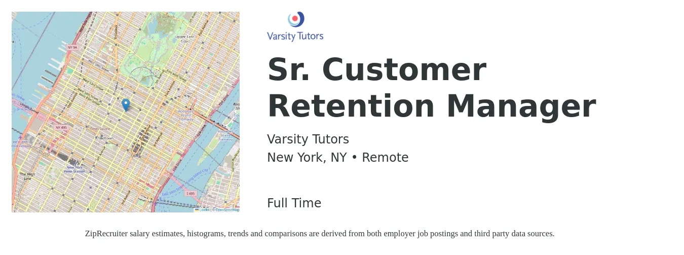 Varsity Tutors job posting for a Sr. Customer Retention Manager in New York, NY with a salary of $44,900 to $76,600 Yearly with a map of New York location.