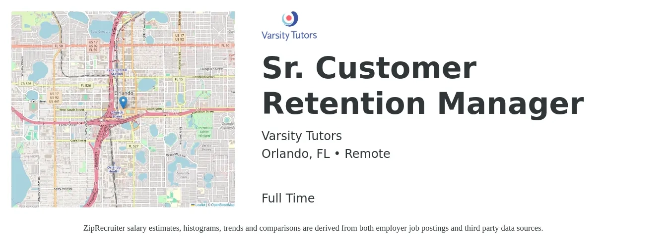 Varsity Tutors job posting for a Sr. Customer Retention Manager in Orlando, FL with a salary of $38,300 to $65,300 Yearly with a map of Orlando location.