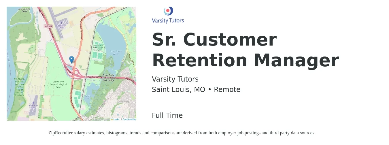 Varsity Tutors job posting for a Sr. Customer Retention Manager in Saint Louis, MO with a salary of $39,900 to $68,100 Yearly with a map of Saint Louis location.