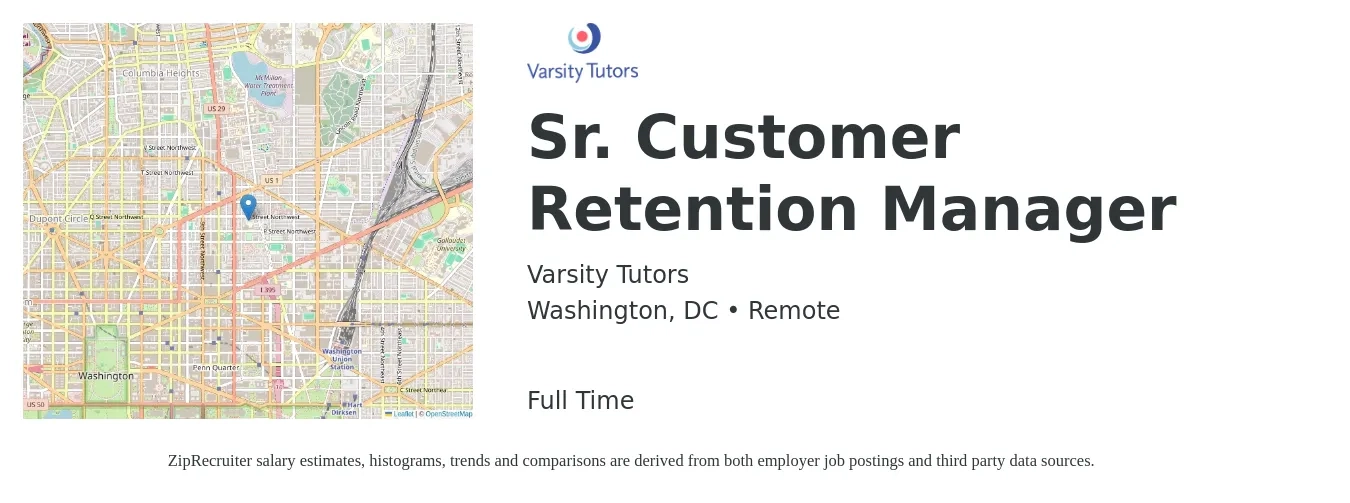 Varsity Tutors job posting for a Sr. Customer Retention Manager in Washington, DC with a salary of $46,400 to $79,300 Yearly with a map of Washington location.