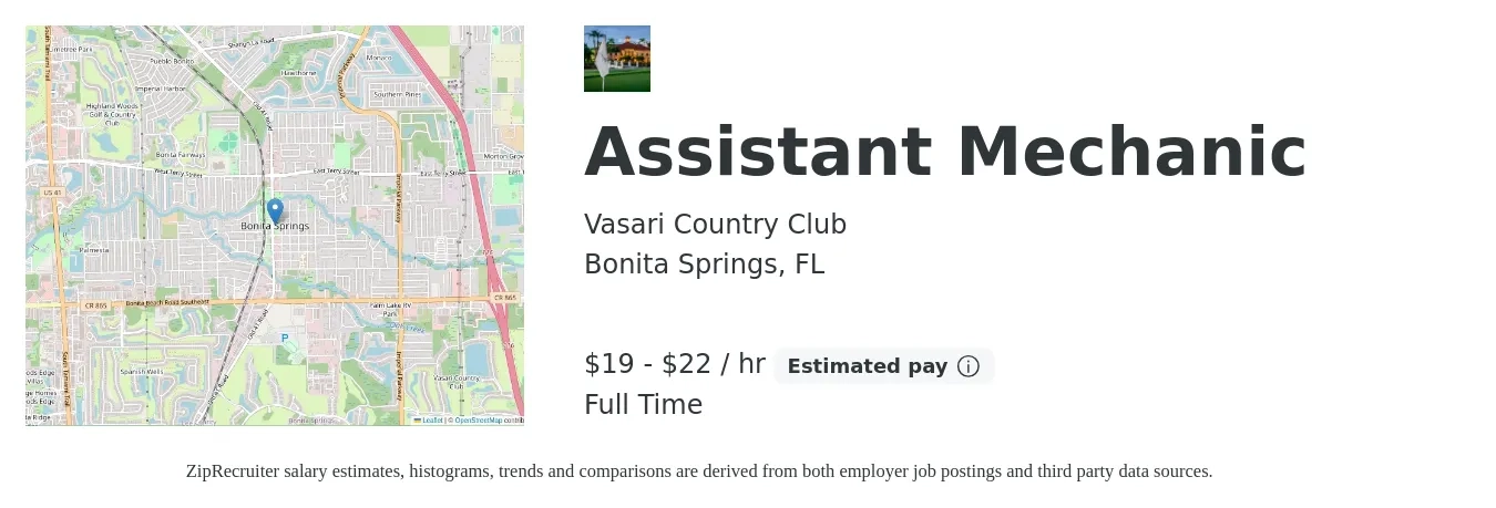 Vasari Country Club job posting for a Assistant Mechanic in Bonita Springs, FL with a salary of $20 to $23 Hourly with a map of Bonita Springs location.