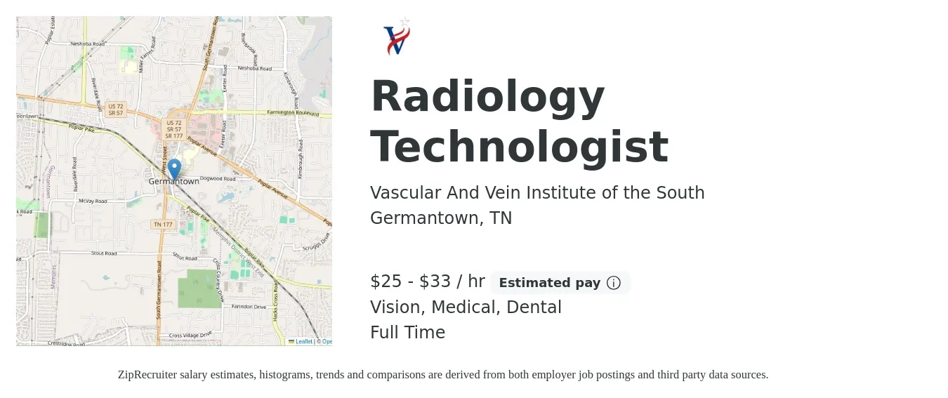 Vascular And Vein Institute of the South job posting for a Radiology Technologist in Germantown, TN with a salary of $27 to $35 Hourly and benefits including dental, medical, pto, retirement, and vision with a map of Germantown location.