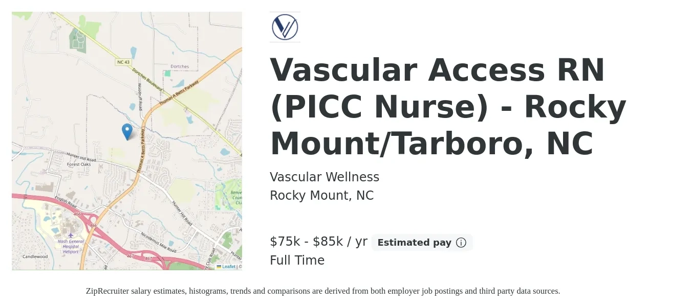 VASCULAR WELLNESS job posting for a Vascular Access RN (PICC Nurse) - Rocky Mount/Tarboro, NC in Rocky Mount, NC with a salary of $75,000 to $85,000 Yearly with a map of Rocky Mount location.
