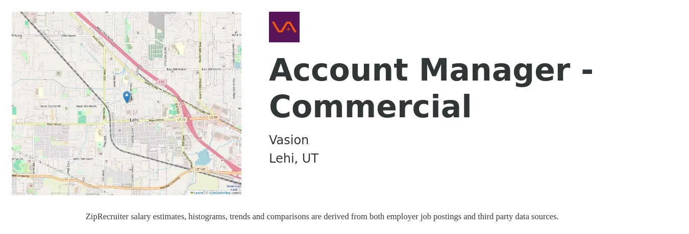 Vasion job posting for a Account Manager - Commercial in Lehi, UT with a salary of $48,300 to $75,600 Yearly with a map of Lehi location.