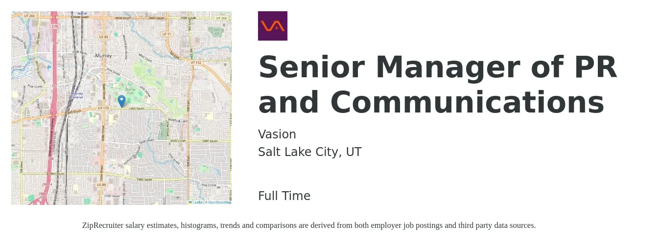 Vasion job posting for a Senior Manager of PR and Communications in Salt Lake City, UT with a salary of $62,900 to $94,400 Yearly with a map of Salt Lake City location.