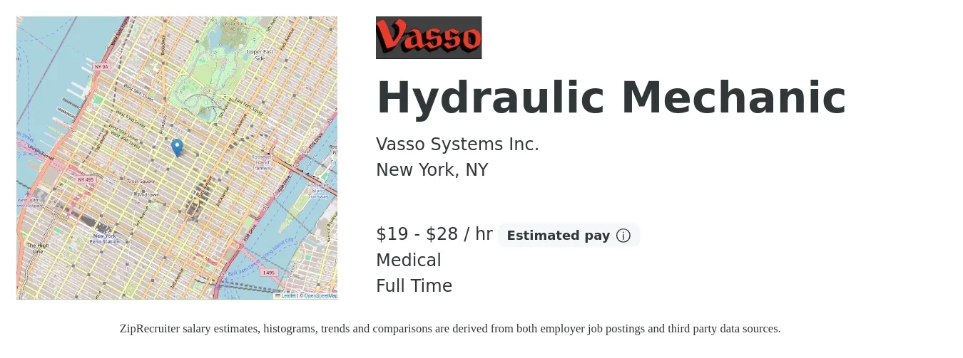 Vasso Systems Inc. job posting for a Hydraulic Mechanic in New York, NY with a salary of $20 to $30 Hourly and benefits including retirement, and medical with a map of New York location.