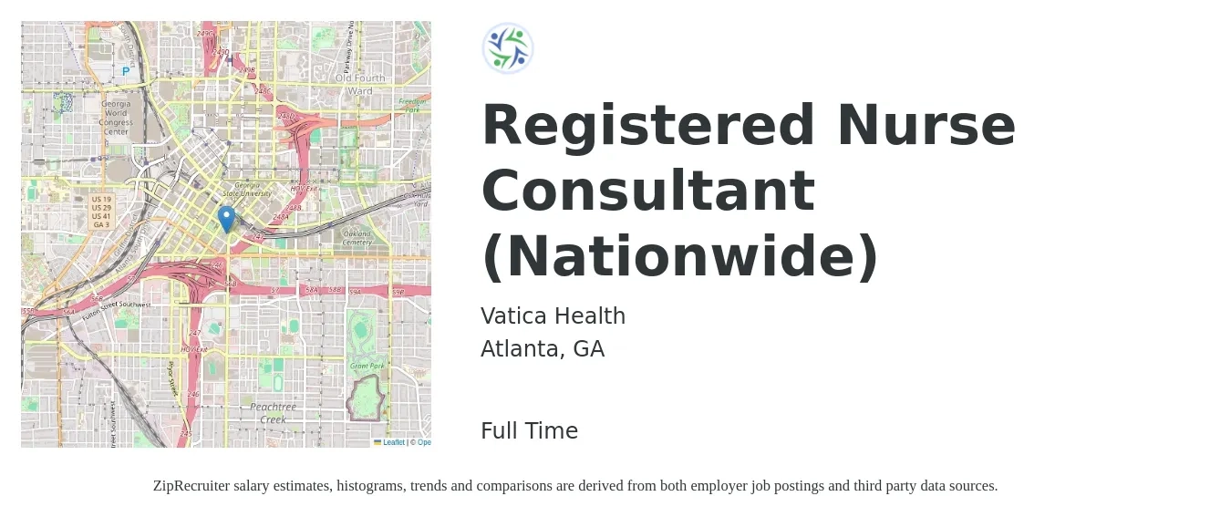 Vatica Health job posting for a Registered Nurse Consultant (Nationwide) in Atlanta, GA with a salary of $32 to $50 Hourly with a map of Atlanta location.