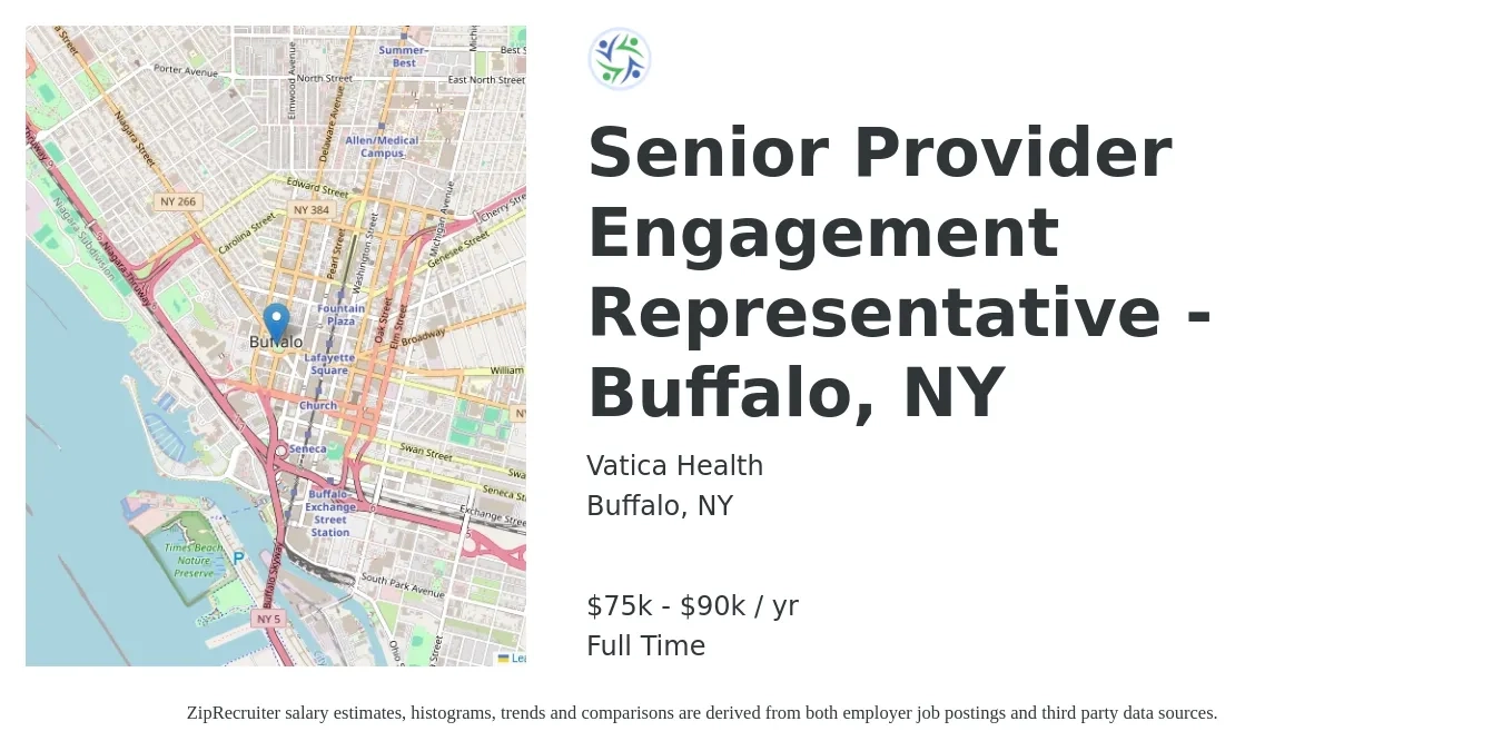 Vatica Health job posting for a Senior Provider Engagement Representative - Buffalo, NY in Buffalo, NY with a salary of $75,000 to $90,000 Yearly with a map of Buffalo location.