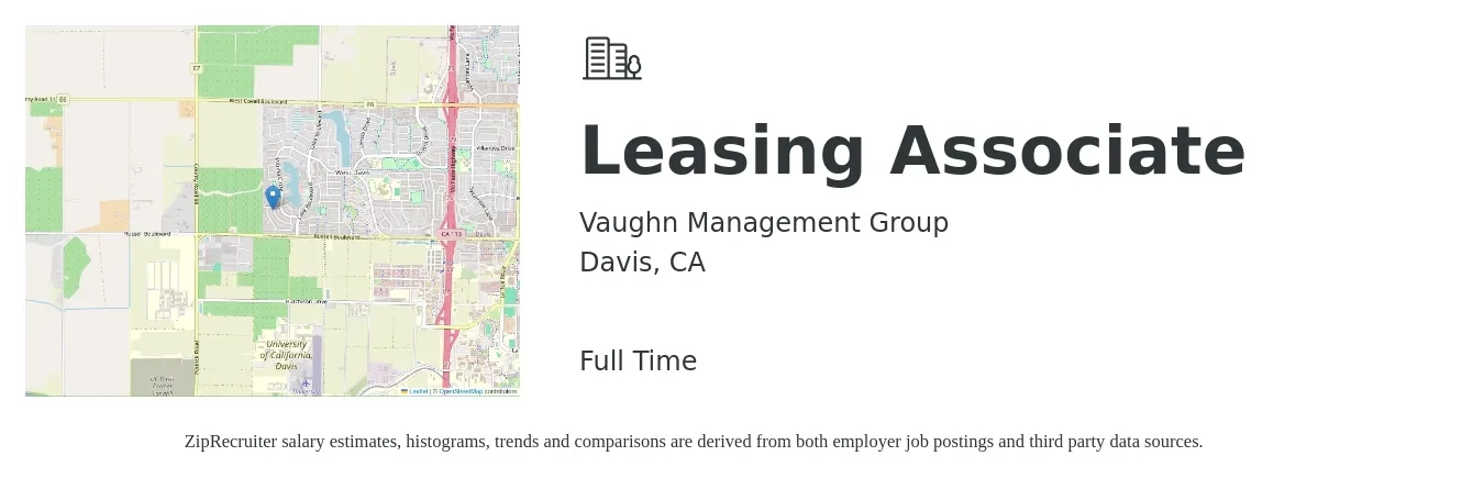 Vaughn Management Group job posting for a Leasing Associate in Davis, CA with a salary of $18 to $24 Hourly with a map of Davis location.