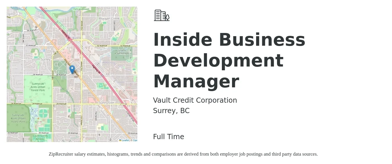 Vault Credit Corporation job posting for a Inside Business Development Manager in Surrey, BC with a map of Surrey location.