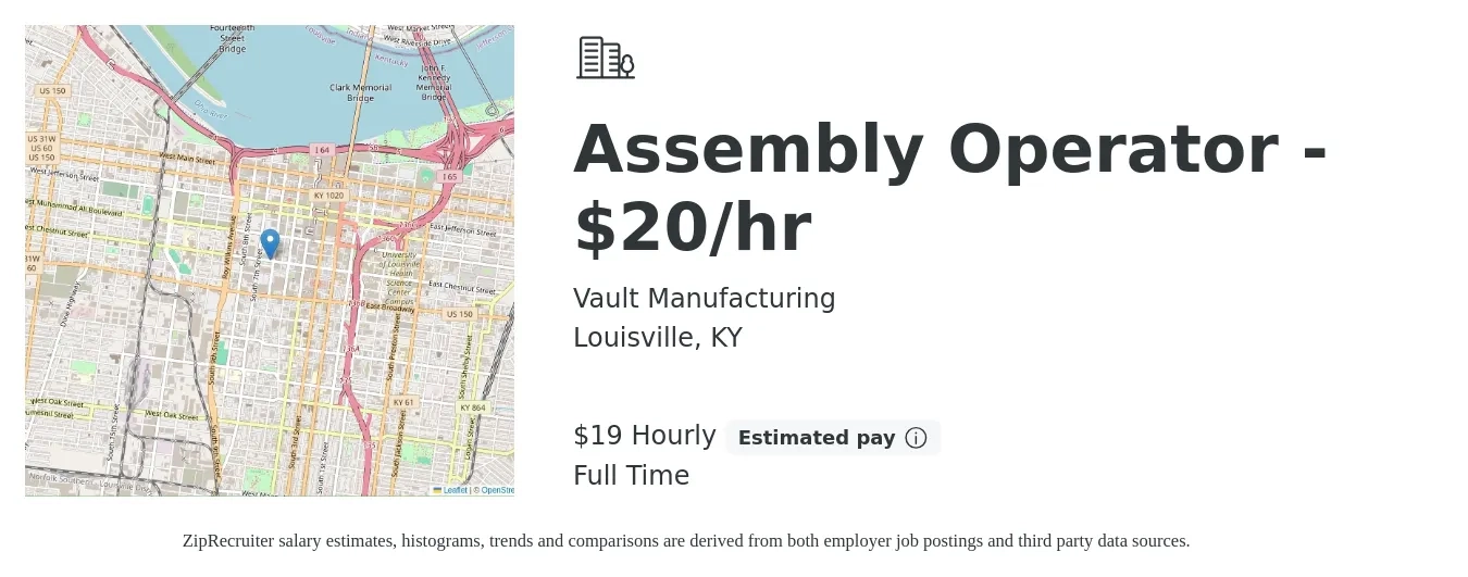 Vault Manufacturing job posting for a Assembly Operator - $20/hr in Louisville, KY with a salary of $20 to $20 Hourly with a map of Louisville location.