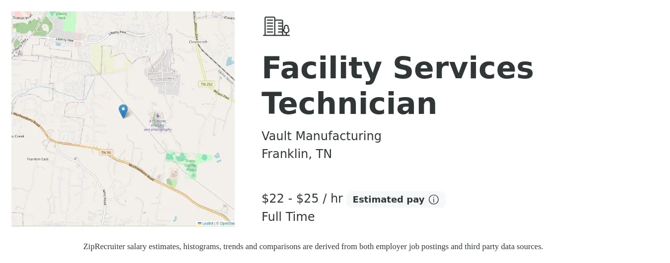 Vault Manufacturing job posting for a Facility Services Technician in Franklin, TN with a salary of $23 to $27 Hourly with a map of Franklin location.