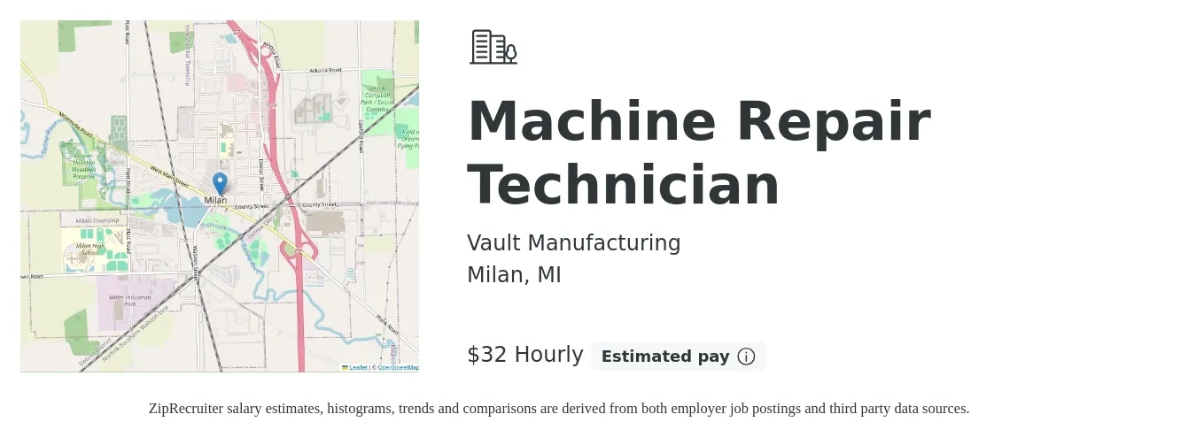Vault Manufacturing job posting for a Machine Repair Technician in Milan, MI with a salary of $34 Hourly with a map of Milan location.